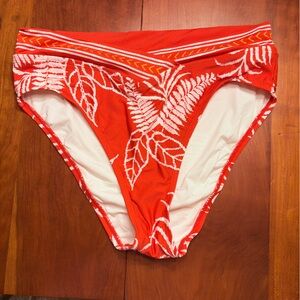 La Blanca Red and White Bikini Bottom Tropical Tapestry Hi Cut Size 8 Swimsuit
